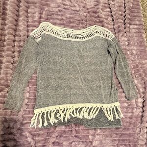 Entro Gray and Cream Crochet Fringe Sweater